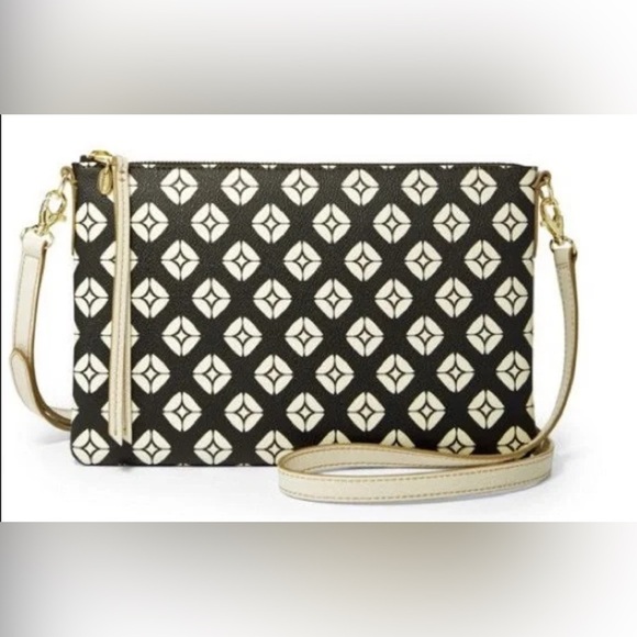Fossil Handbags - Fossil Sydney Crossbody Bag Black White Tan Zip Pockets Organizing Shoulder Bag
